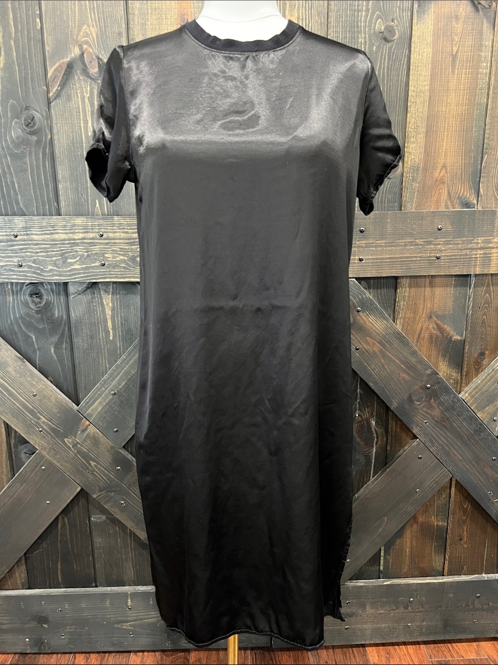 Anthropologie Nation LTD Padme Black Satin Midi Dress S Shift Short Sleeve Boho